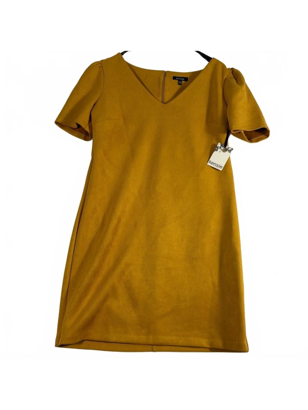 Kensie Stretch Mustard Yellow Faux Suede V-Neck Shift Minidress 16 NWT